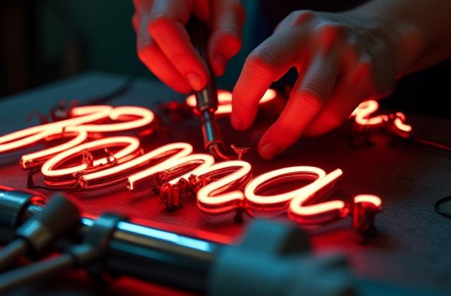 Artigiano che restaura un'insegna al neon vintage con precisione e cura