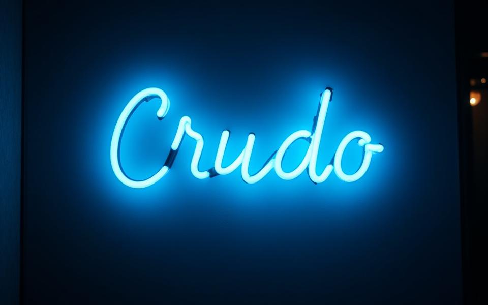 Immagini dettagliate dell'insegna al neon del Ristorante Crudo