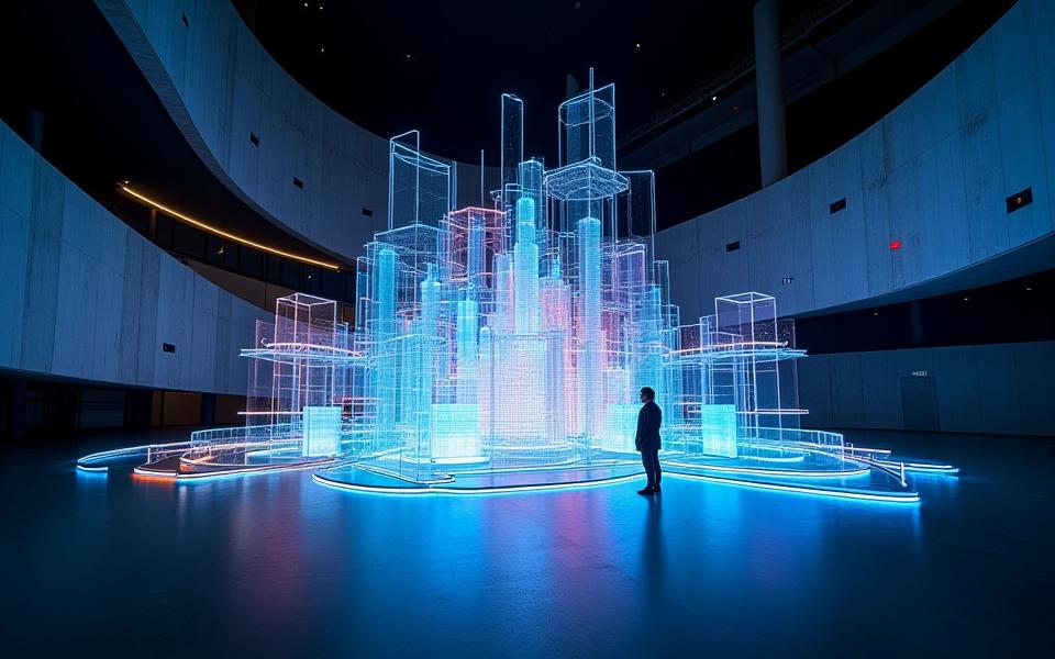 Immagini dettagliate dell'installazione artistica luminosa al Museo MAXXI