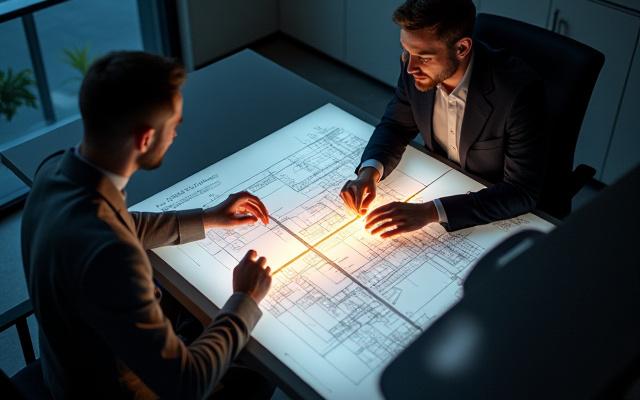 Architetto e cliente discutono un progetto di illuminazione su tavolo luminoso