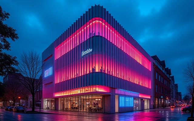 Progetto di illuminazione esterna moderna con luce blu e rosa su un edificio storico